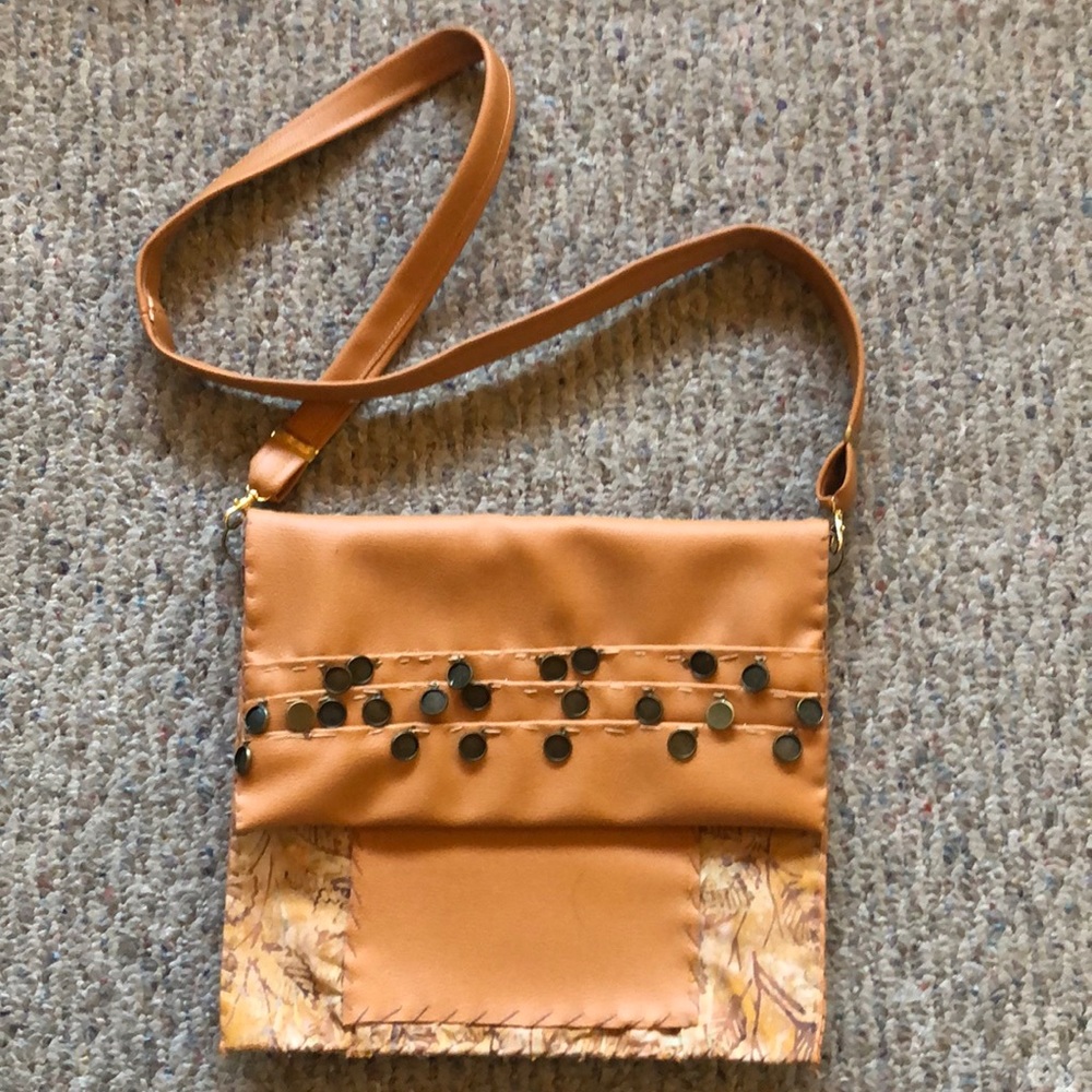 Handmade leather and cloth purse Autumn Colors with two pouches & bronze dangles